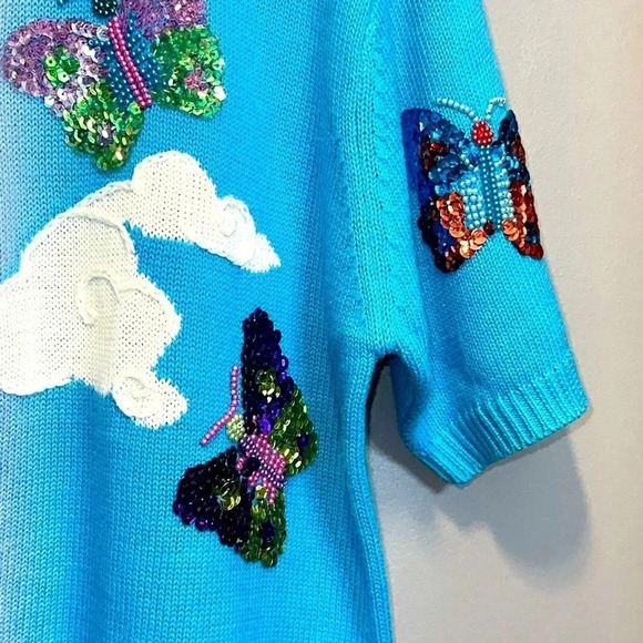 TERAZZO Women’s Vintage Fully Embellished S/S Sweater MED 55% Ramie 45% Cotton - Picture 4 of 8